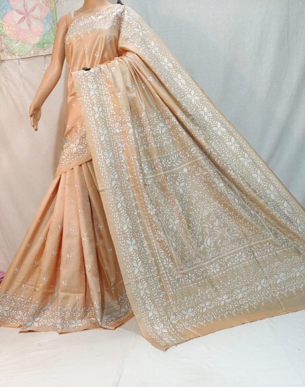 Peach Kantha Stich Saree