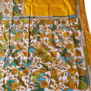 Yellow kantha Stich On Tussar Saree 4
