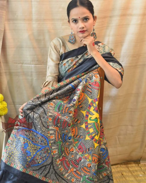 Black Printed Tussar Saree