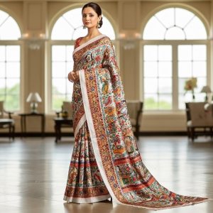 Pure Tasar By Deshi Tasar madhubani hand painting full work silk saree with BP  With silk mark tag ( Size – 40) 03