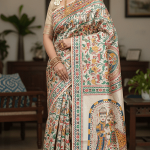 Pure Tasar By Deshi Tasar madhubani hand painting full work silk saree with BP  With silk mark tag ( Size – 40) 04