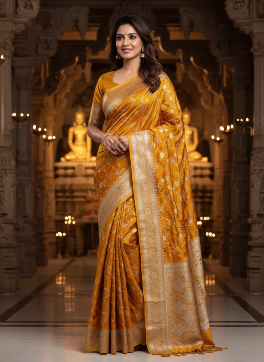Exclusive new banarasi mashroo silk saree with goldenzari weaved 3