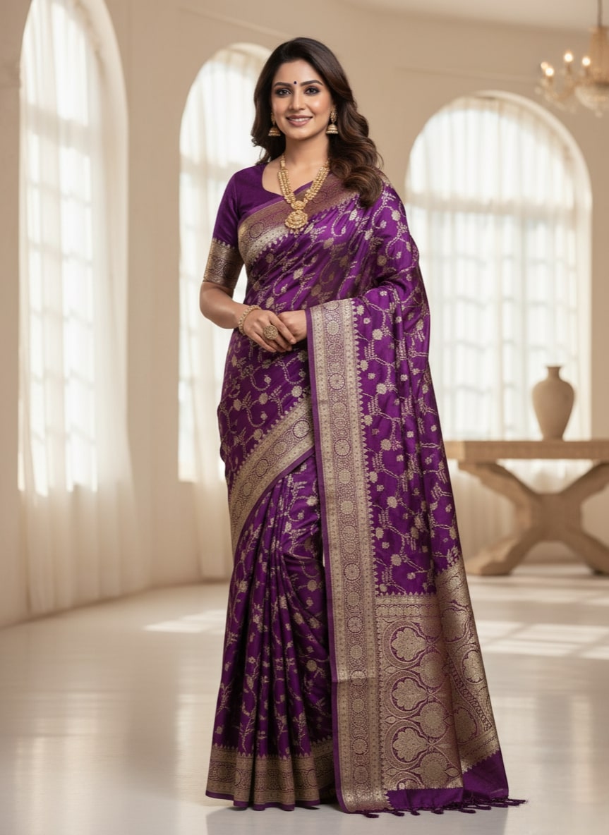 Exclusive new banarasi mashroo silk saree with goldenzari weaved 5